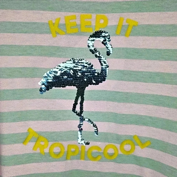 Arizona Green White Striped Hi-Low Sequin Flamingo Short Rolled Sleeve Size XL - Picture 9 of 9